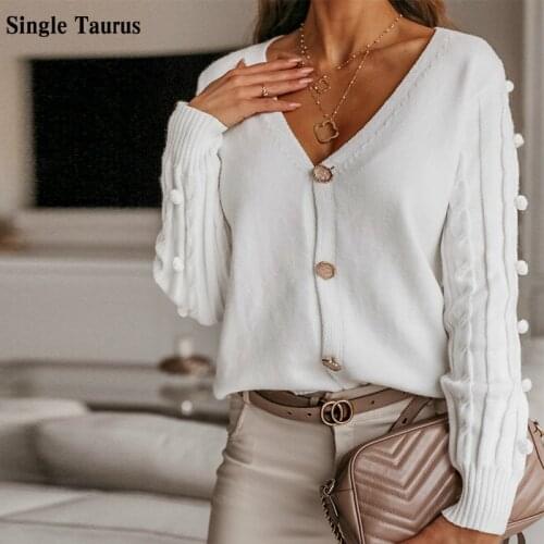Stitching Hairball White Female Sweater Spring Autumn V Neck Long Sleeve Korean Cardigan Women Winter Knitted Ladies Jumper Top