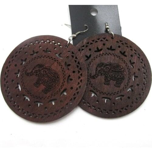 Free Shipping! 5pairs/lot Engraving Elephant Wood Earrings
