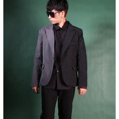Blazer men suits designs Stitching stripes Hit color jacket mens stage costumes for singers Retro clothes star style dress b646