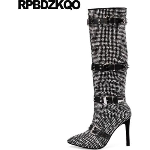 Ankle 10 high heel black stud bling rhinestone big size boots studded pointed toe knee luxury brand shoes women stiletto rivet