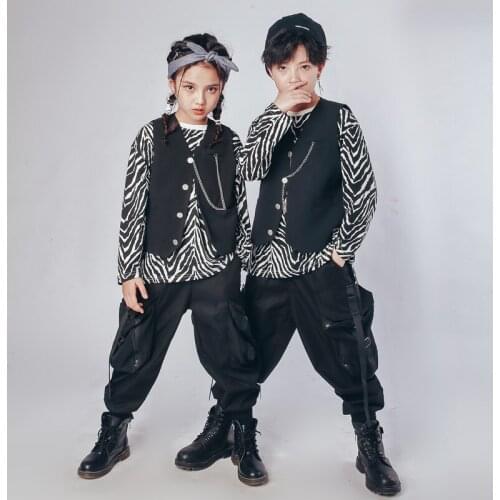 Children Hip-Hop Costumes Girls Jazz Dance Stage Outfit Black Vest Pants Long Sleeves Tops Street Catwalk Show Clothing BL5204
