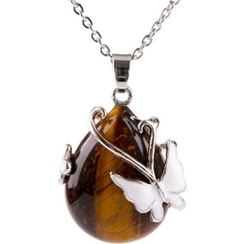 FYJS Unique Silver Plated Water Drop Natural Tiger Eye Stone Pendant Butterfly Necklace Link Chain Jewelry