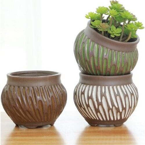 Retro Ceramic Flowerpot New Style Succulent Plant Pot Stripe Breathable Bonsai Cactus Planter Pots Home Garden Decor