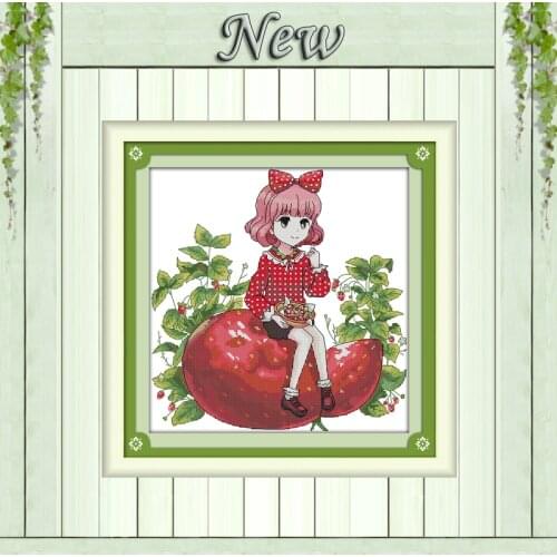 Strawberry girl lovely cartoon painting Counted printed on fabric Cross Stitch Needlework kits DMC 14CT 11CT DMC Embroidery Sets