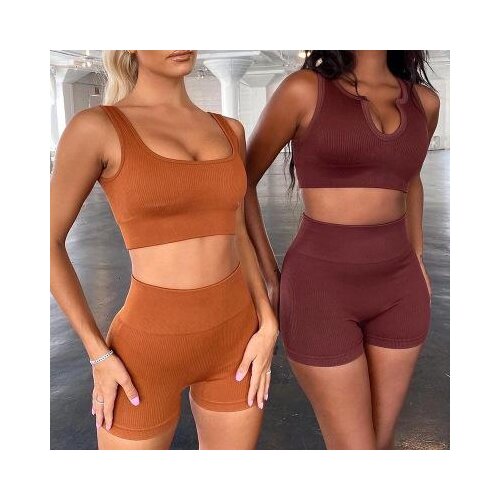 Two-piece Set Ins Seamless Knitting Sexy Gym Sport Workout Running Sports Short Bra Yoga Suit Tracksuit U-neck Fitness Set