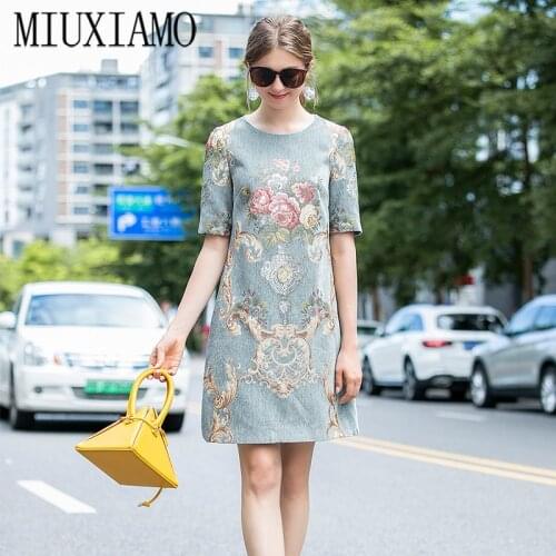 MIUXIMAO 2020 Fall Dress Newest Arrival Fashion Half Sleeve Blue Slim Flower Above Knee Tank vintage Dress Women Vestidos