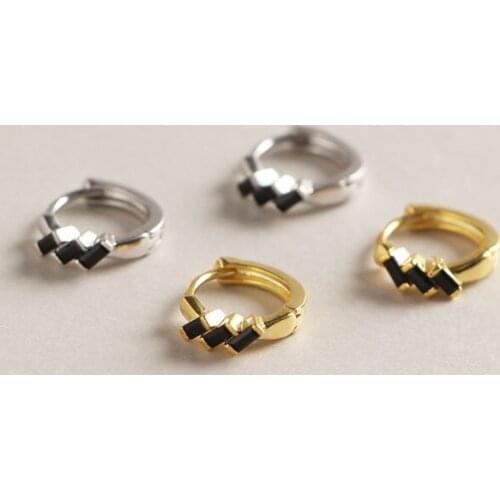 TINNY Diameter 9MM 1pair 100% Authentic 925 Sterling silver Black rectangle Zirconia Wave Hoop Huggie Earrings jEWELRY TLE541