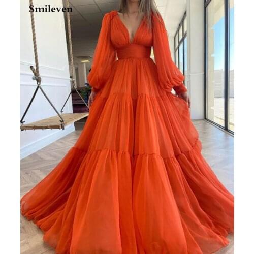 Smileven Orange Chiffon Puff Sleeves Prom Dresses Sexy V-Neck Pleats Princess Plus Size Longo Evening Party Gowns