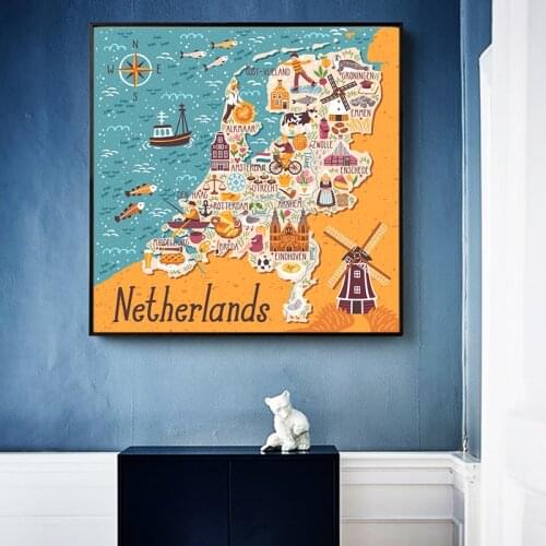 Modern Cartoon Large Size Map of The Netherlands Canvas Painting Posters and Print Wall Art Picture for Living Room Decor Cuadro