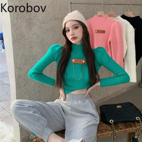 Korobov Turtleneck Sweaters Korean Streetwear Puff Long Sleeve Sueter Mujer Autumn New Chic High Street Female Pullovers