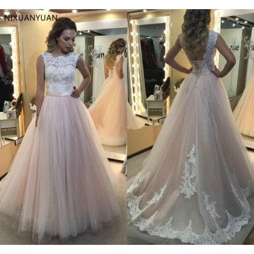 Tulle Prom Dress with Lace Appliques Backless Custom Made A Line Party Gowns Lace Up Back Jewel Neck Sleeveless Vestidos