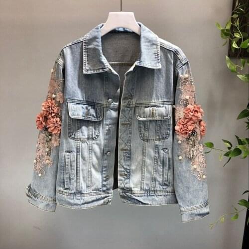 Jean Jacket 2021 spring Autumn Women Embroidery Three Dimensional Flowers Pearl Bead Short Denim Coat Woman Long Sleeve