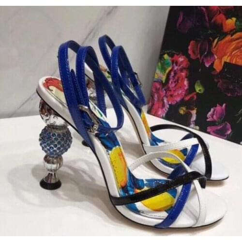 Moraima Snc Real Leather Cross-tied High Heel Shoes Woman Peep Toe Crystal Embellished Strange Heels Sandal Ankle Strap Heels