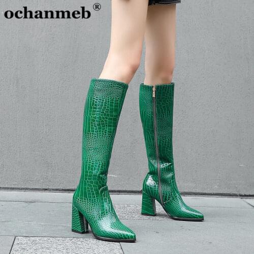 Fashion Crocodile Print Knee High Boots Women Zipper Thick Square High Heels Point Toe Long Boots Snake Print Shoes Winter Lady