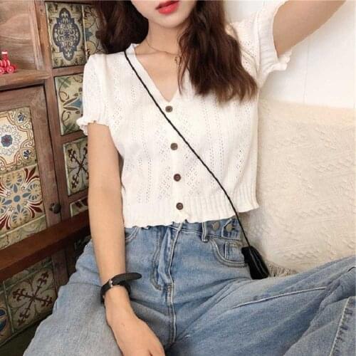 Retro Women Knitted Cropped Sweater Tops Summer V Neck Short Sleeve Button Slim Korean Knitwear Cardigan Tee Tops WDC8405