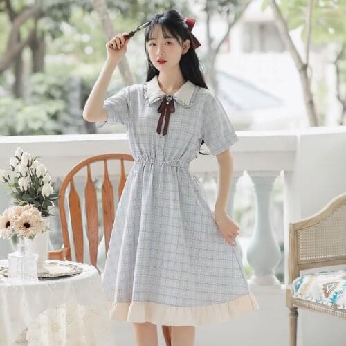 Women Short Sleeved Sweet Retro Dress 2021 Summer Vestidos New Mori Literary Girl Ruffled Lapel Bow Small Fresh Kawaii Dress