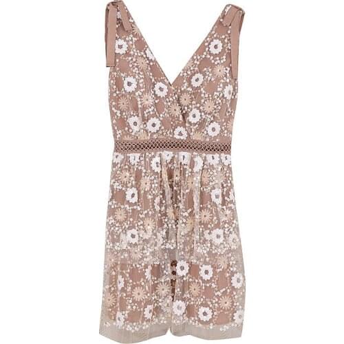 2021 Spring New Mesh Mini Dress Stitched Bead Embroidered Sleeveless V-neck High Waist Lady Dress