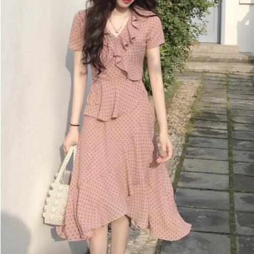 Summer Dot Print Ruffles Women Chiffon Dress Elegant V-Neck Ladies A-Line Maxi Dresses High Waist Irregular Dresses for Female