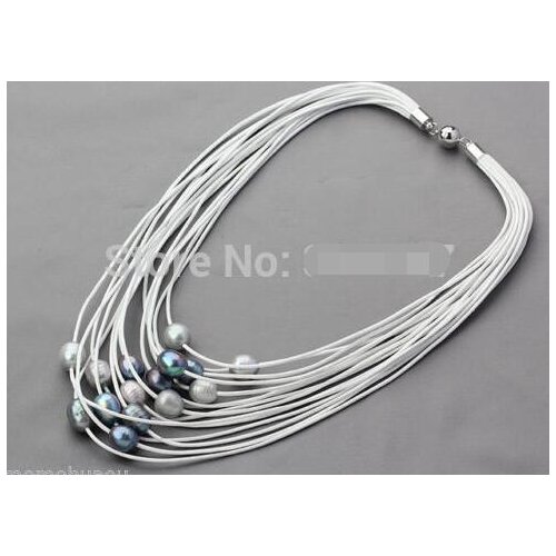 11 - 12 mm gray and black freshwater pearls on necklace woman leather Multi - Strand>>> women jewerly Free shipping