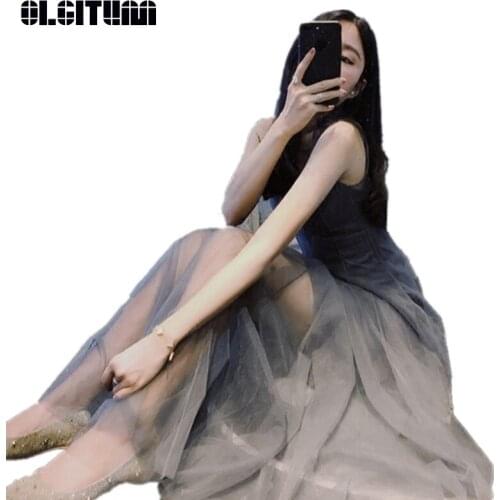 2020 Summer Women Dress Fresh Party Fashion Vest Hame Mesh Dress Long Veil Rock Fairy Temperament Female Dress DR1065