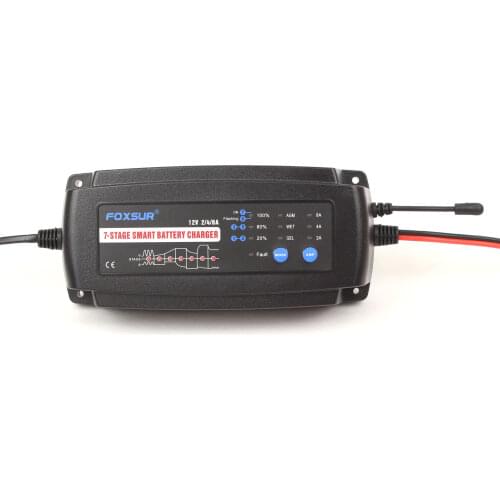 Foxsur 12V 2A 4A 8A7 level automatic smart car battery charger GEL WET AGM Battery-E car battery charger