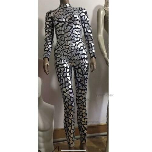 Sparkly Silver Mirrors Rhinestone Jumpsuit Women Birthday Celebrate Leggings Outfit Bar Dancer Sequins Outfit and Dress