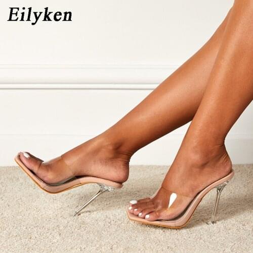 Eilyken Summer New Pvc Transparent Slippers Fashion Square Toe Clear Perspex Crystal High Heels Women Sandals Female Party Shoes