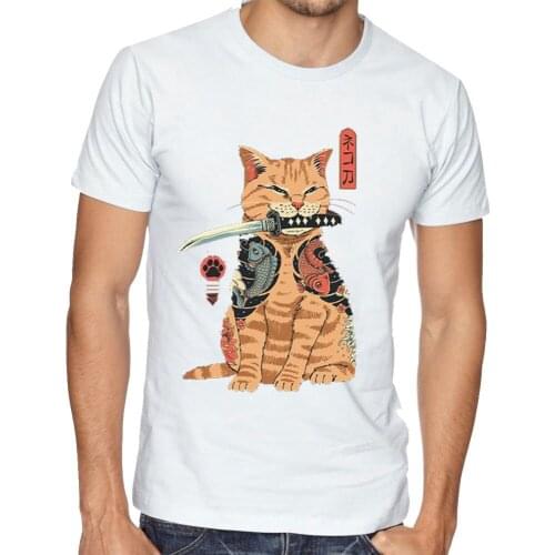 2021 New Summer Weekend T Shirt O-Neck Samurai Cat Print Harajuku Oversized Fashion Neko Samurai Men Tops Essential