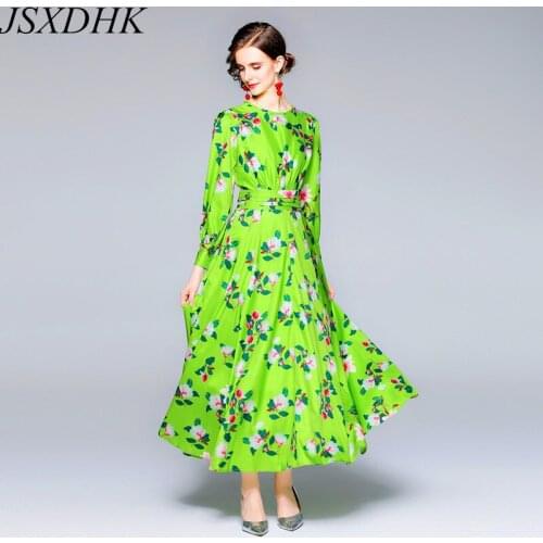 JSXDHK New Arrival Autumn Runway Flower Long Dress Elegant Women O Neck Green Floral Print Lantern Sleeve Holiday Maxi Dresses
