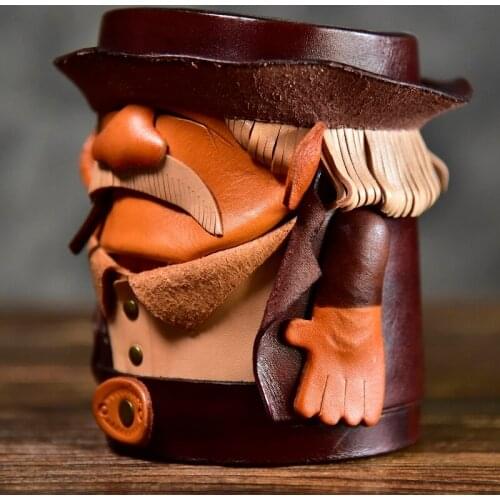 Creative Uncle Bearded Elephant Handmade Cowhide Pen Holder Office Full Leather Cartoon Pen Barrel Desktop Decor Storage Box