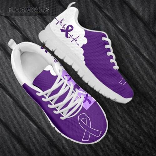 ELVISWORDS Purple Breast Cancer Awareness Print Casual Ladies Sneakers Comfortable Lace Up Flat-Shoes Walking Shoes for Women