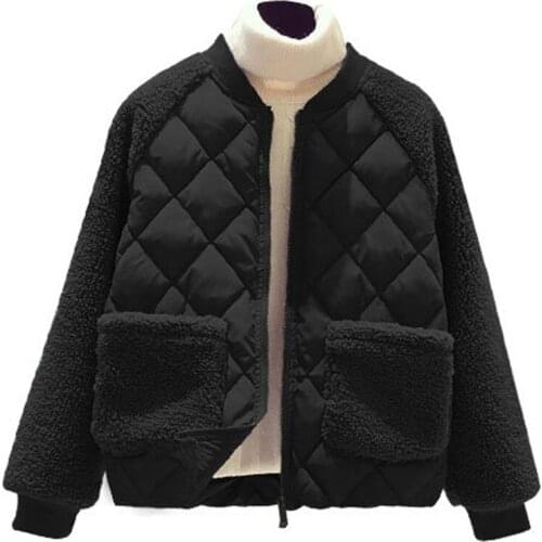 Fashion Ladies Short Coat New 2020 Autumn Winter Jacket Black Imitate Lambswool Splicing Down Cotton Jacket Outwear Parkas