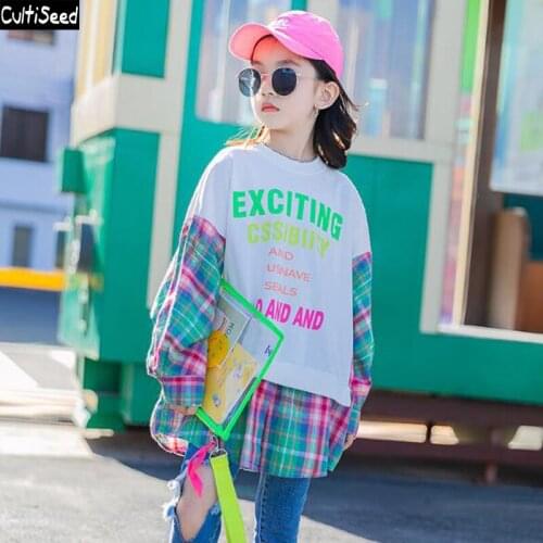 Cultiseed Girls Autumn Hoodies Sweatshirts Tops Big Children Girl Letter Print Patchwork Plaid Long Sleeve Loose Casual Tops