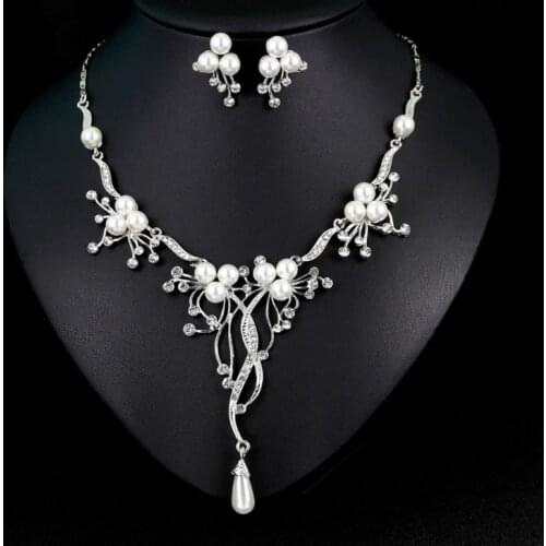 E56A 1 Set New Necklace Earrings Ear Stud Imitation Pearl Floral Bride Bridal Jewelry