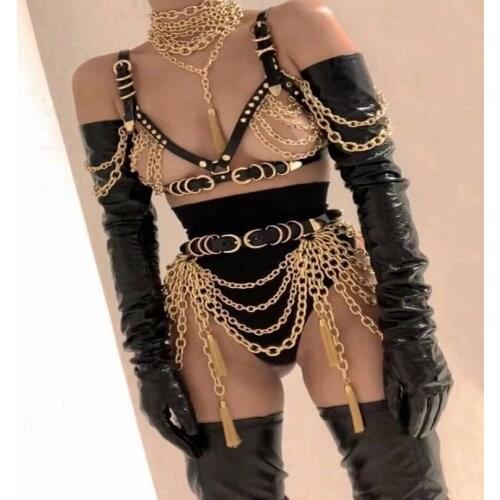 Sexy Gold Chains Costume Outfit Stage Performance Nightclub show Bra Chains Short women party dance wear