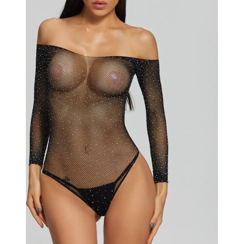 Sexy Women Long Sleeve Fishnet Rhinestone Bodysuit Leotard Tops Hollow Out Off Shoulder See Through Swimsuit Black Mesh Leotard
