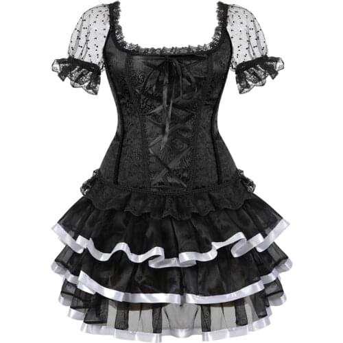 Women Sexy Corset Dress Renaissance Transparent Shoulder Sleeves Floral Lace Up Corset Blouse With Striped Mini Skirt Set S-6XL