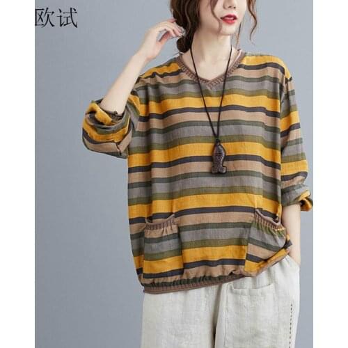 Plus size striped Cotton Linen T Shirt Women Long Sleeve T-shirts New 2020 Autumn Tshirt Vintage Femme Loose Casual Tops Tees