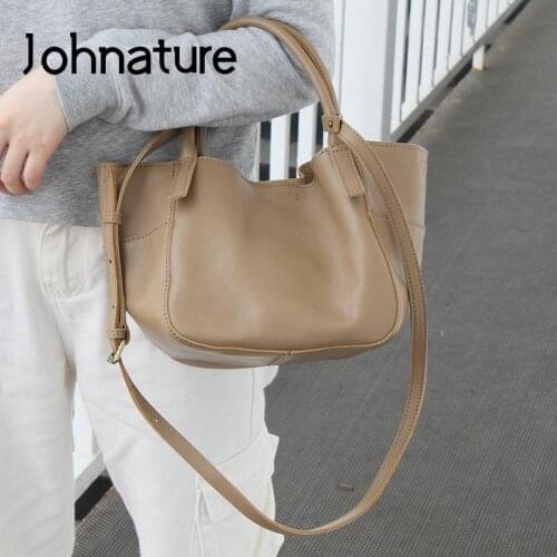Johnature Simple Genuine Leather Women Bag 2021 New Versatile Handbag Leisure Nature Soft Cowhide Solid Color Shoulder Bags