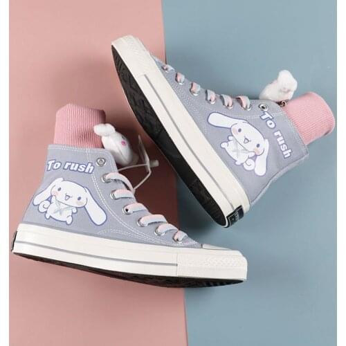 Harajuku Lolita Shoes Style High-top Hand-painted Cartoon Dog Womens Shoes Japanese Pink Womens Kawaii Student Canvas Shoes