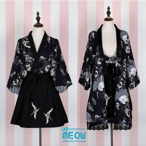 Japanese Style Crane Fans Theme Summer Womens 2PCS Set: Chiffon Kimono Blouse Outwear + Crane Embroidery Pleated Skirt Black
