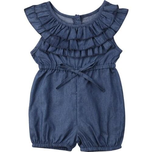 0-4Y Summer Cute Pretty Toddler Baby Girls Romper Ruffles Short Sleeve Elastic Waist Blue Denim Jumpsuits