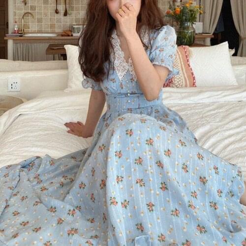 Vintage Floral Dress Women Elegant Lace Chiffon Korean Party Dress Puff Sleeve V Neck Midi Dress Fall Dresses for Women 2021