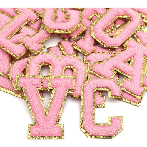 65MM Pink Letter Patch 3D English Letter Embroidery Patches Iron On Chenille Gold Sequins Patches For Clothing Bags Jeans 1Pcs
