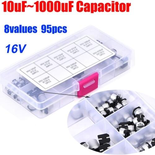 8values total 95pcs SMD 16V 10uf~1000uf Aluminum Electrolytic Capacitor Assortment Pack Plastic Box Kit
