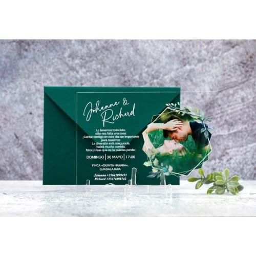 Acrylic Wedding Invitation With Photo Eucalyptus Floral print Plexiglass Bridal Shower Greenery leaves Birthday Anniversary