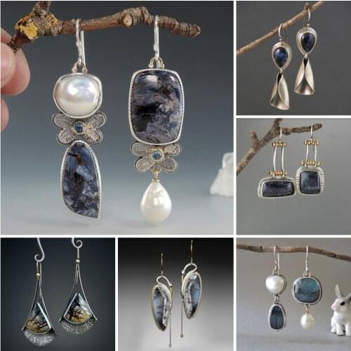 Asymmetrical Baroque Pearl Water Drop Earrings Vintage Jewelry Dark Blue Pattern Cute Flower Metal Statement Dangle Earring