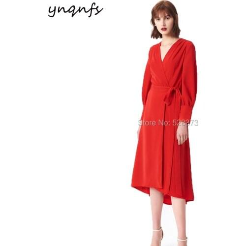 YNQNFS M133 Italy Satin V Neck Long Sleeve Red Mother of the Bride Dresses robe cocktail Vestido Wedding Party Guest Dress 2019