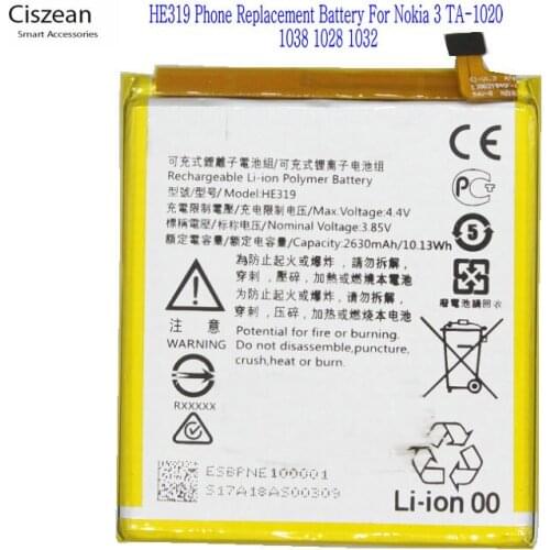 Ciszean 1x 2630mAh / 10.13Wh HE319 Phone Replacement Battery For Nokia 3 TA-1020 1038 1028 1032 Batteries
