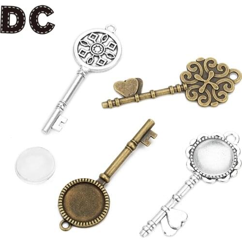 DC 5pcs/lot Antique Silver Round Blank Pendants Tray Base with 20mm Glass Cabochon Key Shape Base Setting for DIY Jewelry Making